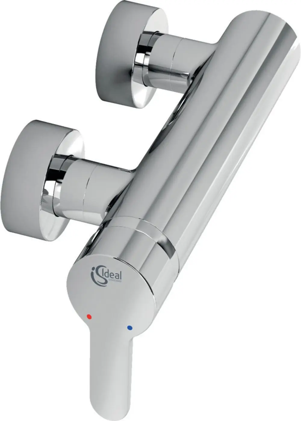 Brausearmatur in Chrom mit zwei runden Griffen. Die Armatur zeigt ein einfaches Design und trägt das Logo von Ideal Standard.